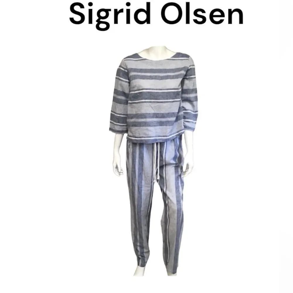 Sigrid Olsen Blue White Linen Cotton Striped Two Pieces Top & Pants Set M